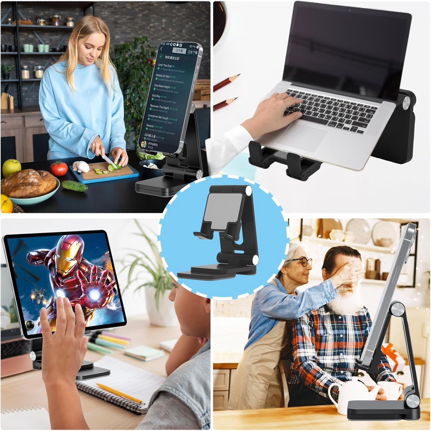NEOYFC for Cell Phone Stand,Laptop Stand, Adjustable Height and Angle Foldable Cell Phone Stand Holder for Desk, Taller for iPhone Stand Compatible with 4-11" Smartphones iPad Tablet Laptop (Black)
