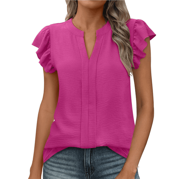 Camiseta de Corta con Cuello en V y Mangas de Hoja de para Mujer, Color Rosa y Rojo, Talla L