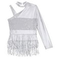 thumbnail image 3 of Sholeno Kids Girls Sequin Latin Dance Tassel Dress Leotard Shiny Asymmetrical Shoulder Fringe Skirted Bodysuit Silver 6, 3 of 7