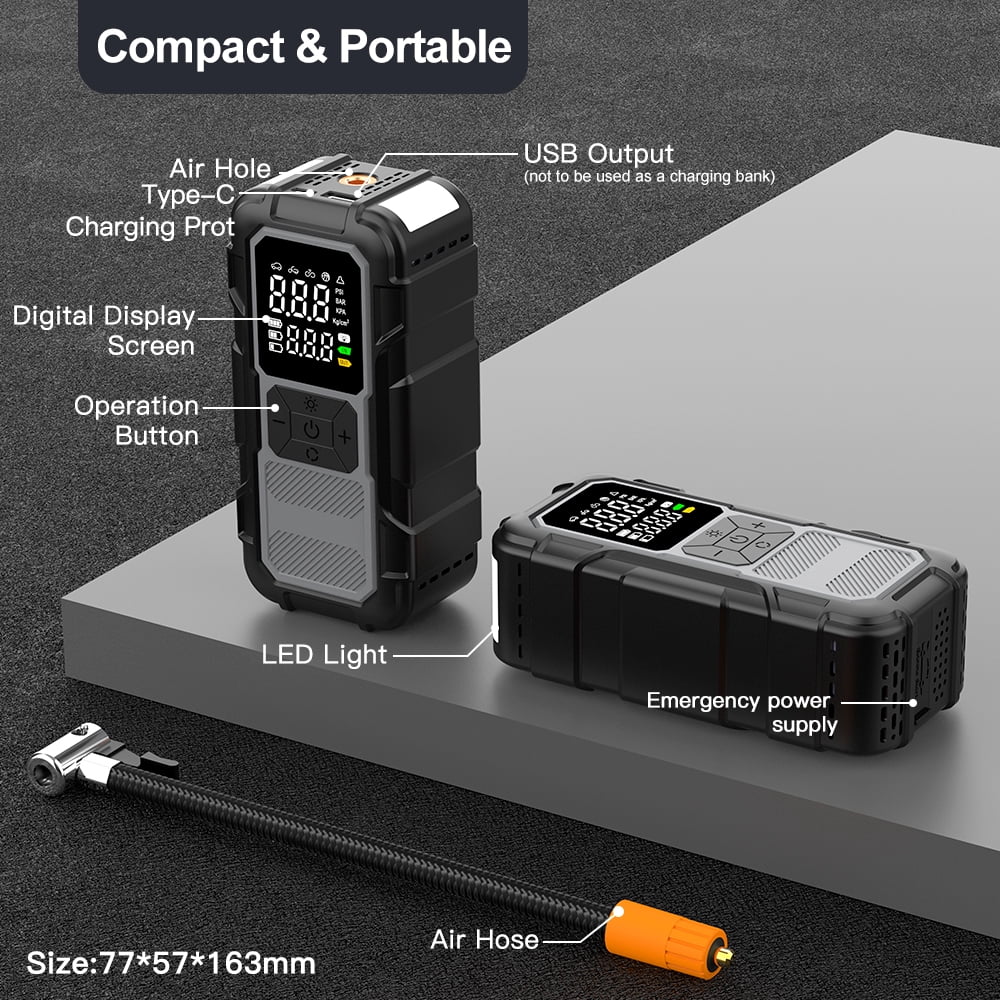 KENWQZI Jump Starter with Air Compressor, 8000A Car Battery Jump Starter (9.0 Gas/8.0L Diesel), 150PSI Car Battery Jumper Starter Portable 12V Jump Box with Jumper Cables, LED Light, Power Bank