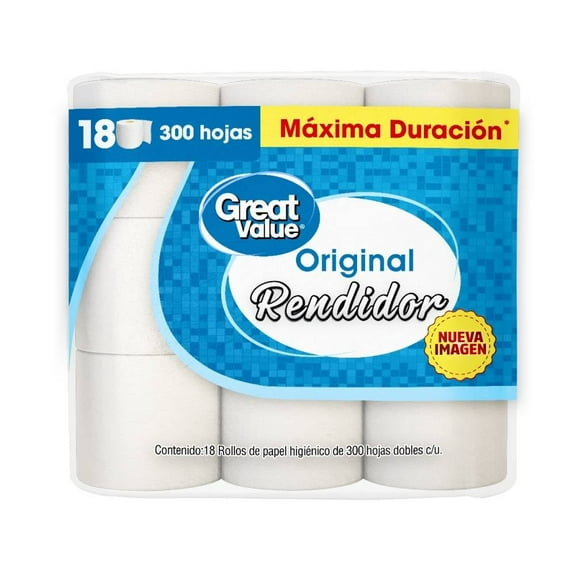 Papel higiénico Great Value Original 18 rollos con 300 hojas dobles c/u