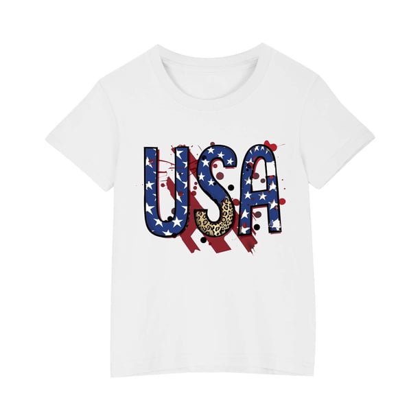 Vestido Corto de Verano Niños Niños Niñas Camiseta de Algodón Cuello Redondo Lindo Día de la Independencia Imprimir Top