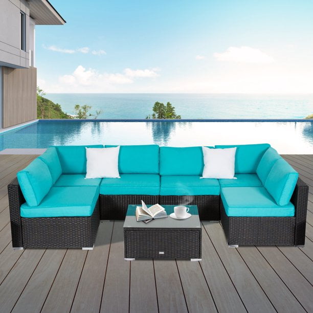 Kinbor 7pcs Outdoor Patio Furniture Set Wicker Sectional Sofa with