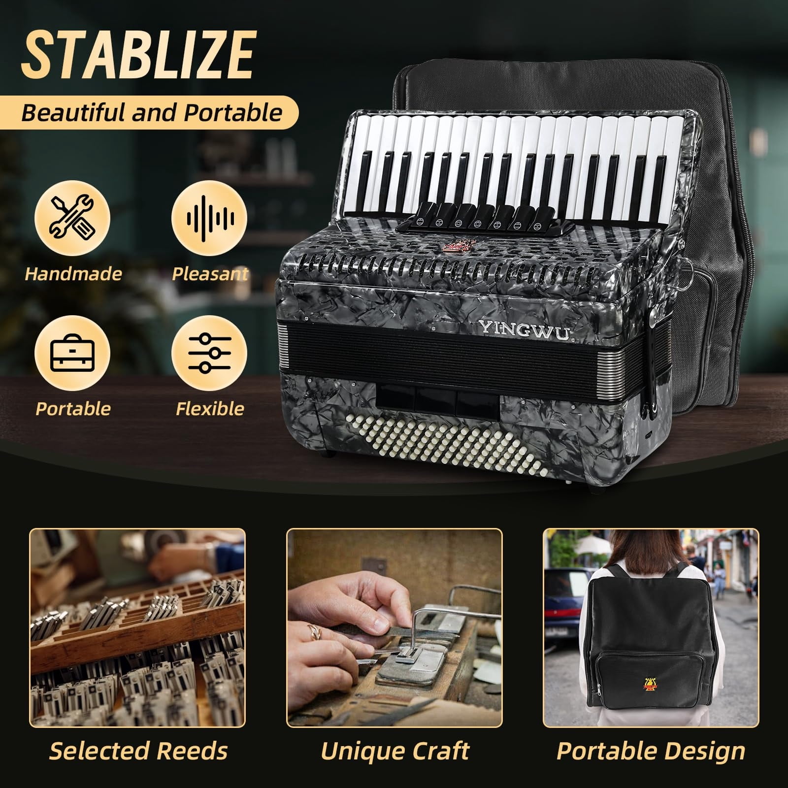 Accordion, 37 Keys 96 Bass Professional Accordion for Beginners and Advanced Players with Backpack and Strap