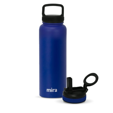 

MIRA 40 oz Stainless Steel Vacuum Insulated Wide Mouth Water Bottle - 2 Caps - Thermos Keeps Cold for 24 hours Hot for 12 hours - Double Wall Hydro Travel Flask Blue