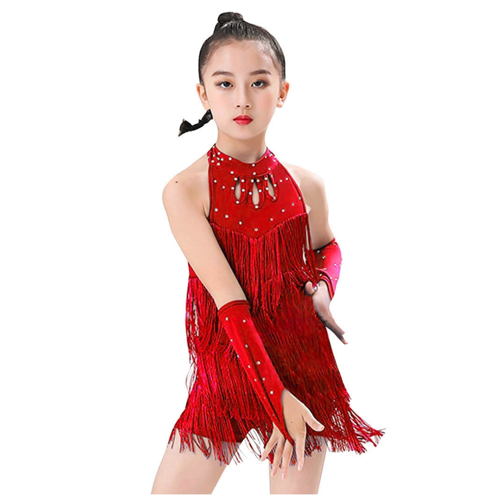 Kid Latin Dance Dresses for Girls Sequin Salsa Dress Fringe Latin Dance  Dress Children Show + Sleeves 5-6 - Walmart.com