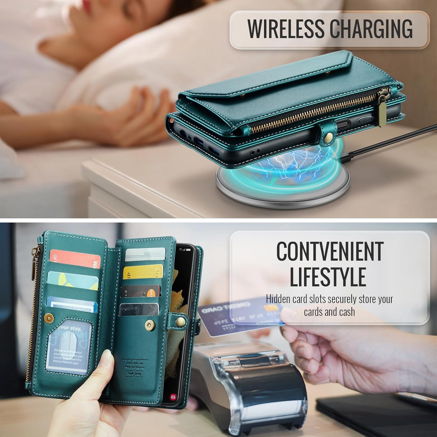 Phone Case for Samsung Galaxy S21 Ultra 5G Zipper Wallet Cover with Tempered Glass Screen Protector and Flip RFID Blocking Cash Card Holder Cell S21ultra 21S S 21 21ultra G5 Women Girls Green