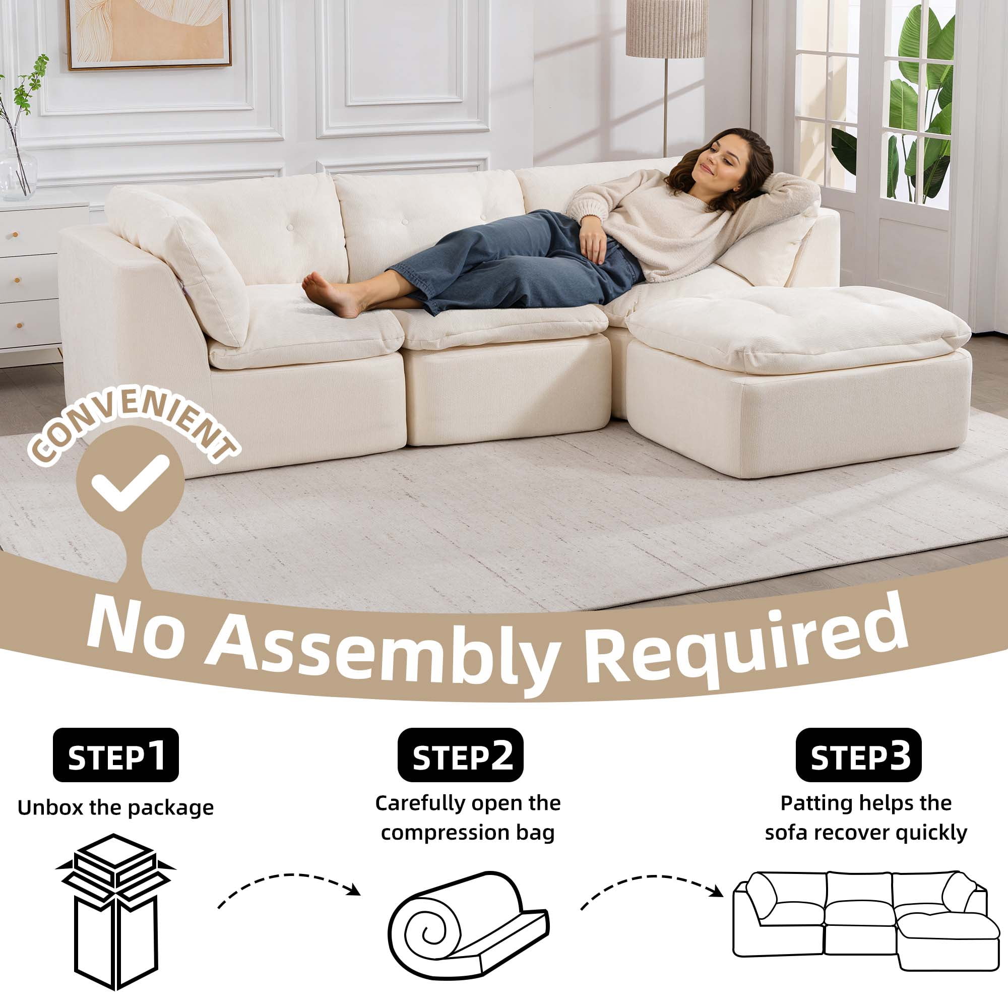 106.29" Sectional Sofa, 3 Seater Modular Sectional Floor Sofa with Ottoman, Chenille Cloud Couch for Living Room, Deep Seat Sofa, Beige