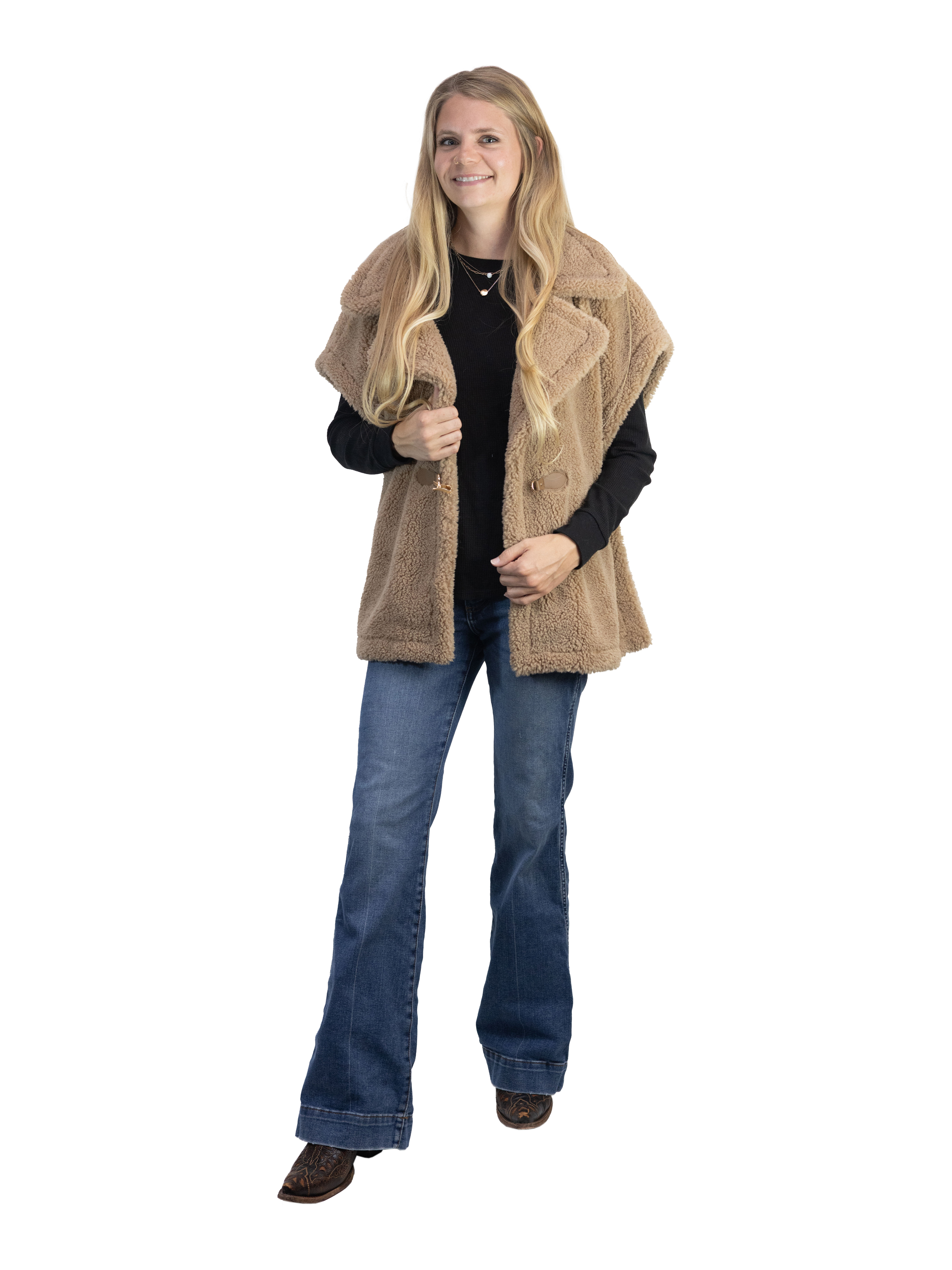 Time and Tru Womens Faux Shearling Vest, Tan