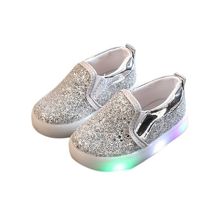 Tao Tao Toddle Girl s Light Up Sequins Slip On Loafers Flashing LED Casual Shoes Flat Sneakers Silver 0 Months
