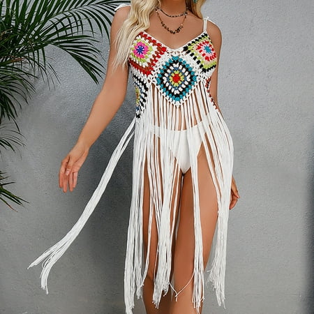 Deals of The Day! Abomasnow Clearance Swimsuit Cover Up for Women  Crochet Fringe Hem Beach Swimsuit Bikini Coverups Summer Pool Swimwear Dress