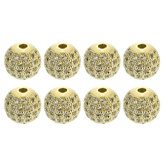 Charm Rhinestone Beads, 8 Pack 10mm Round Zircon Pave Spacer Beads for Jewelry Making (White - Gold)