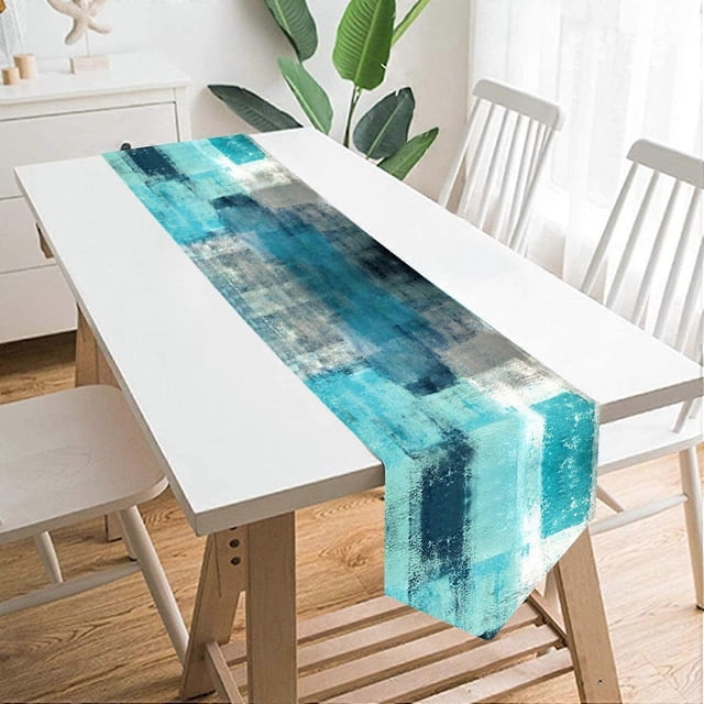 Modern Art Table Runner Farmhouse Style Burlap Table Runner Turquoise and Gray Abstract Art Painting Teal Table Runners for Farmhouse Kitchen, Dinner