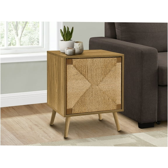 JERFIT Modern Accent End Table with Seagrass Door, 23 Inch Small Side Table with Storage Cabinet for Living Room, Bedroom, Light Walnut Finish