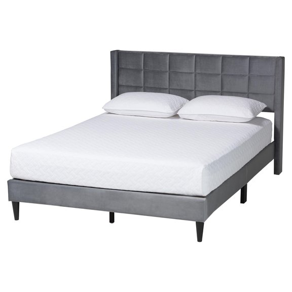 Baxton Studio Payne Modern Glam Gray Velvet and Dark Brown Wood Queen Bed