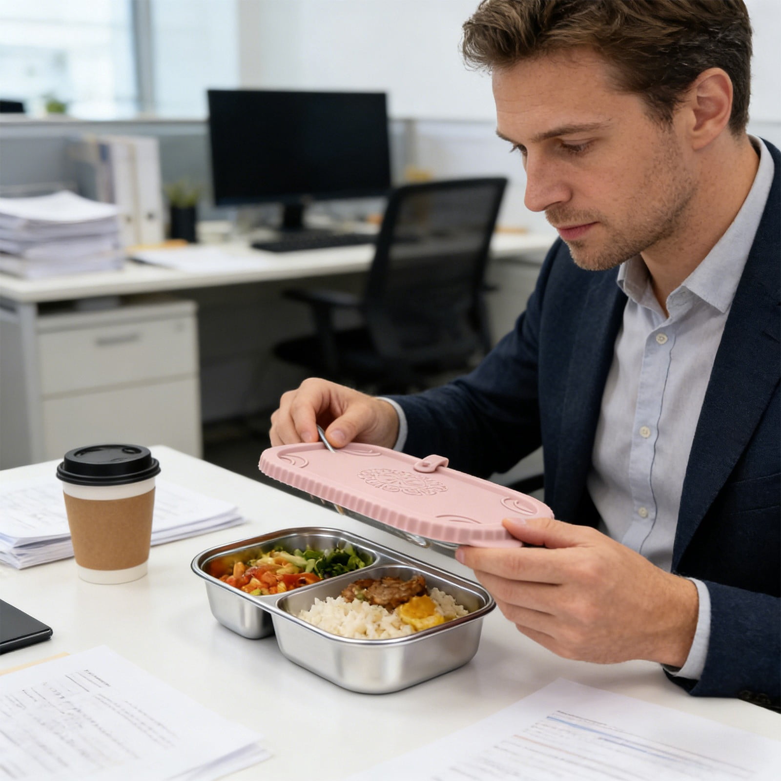 Xheghe Stainless Steel Bento Box with Silicone Lid - Leak-Proof, Two-Compartment Design for Travel, Office, or Picnic Lunches