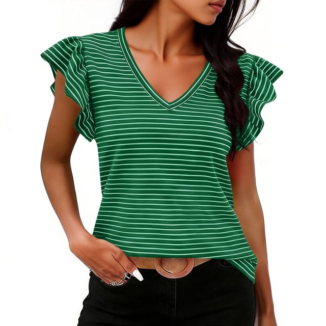Craaazy Women's Plus Size Friendly Striped V-Neck Ruffle Short Sleeve Top for Daily Wear