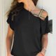 thumbnail image 4 of Top negro con hombros descubiertos para mujer, corte holgado, mangas cortas, camiseta informal de color liso, elegante para verano, 4 of 6