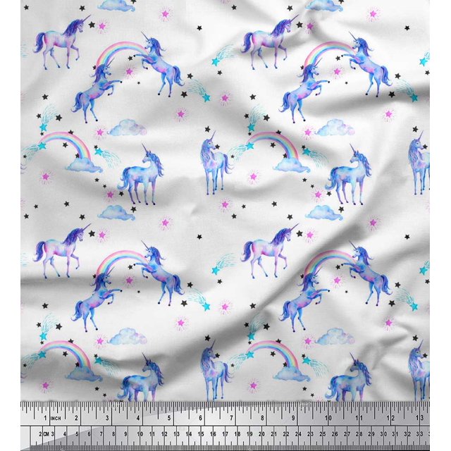Soimoi White Georgette Viscose Fabric Unicorn & Rainbow Nature Decor Fabric Printed Yard 42 Inch Wide