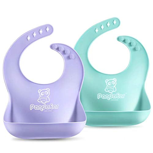 Set of 2 Colors Clear Cute Clear Silicone Baby Bibs for Babies & Toddlers (10-72 Months) by Panda Ear-Waterproof, Soft,...
