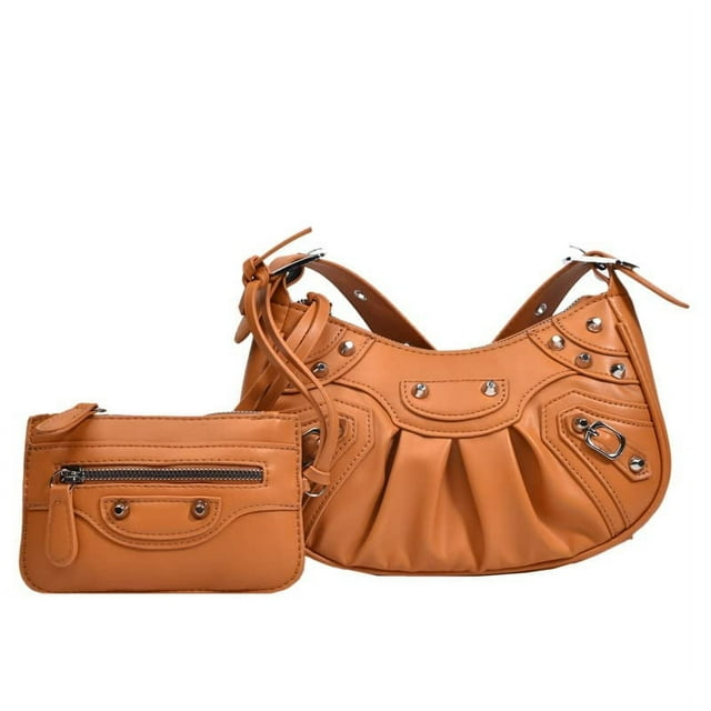 Women's Soft Half Moon Shoulder Bag with Rivet Decoration - 2022 Hip-Hop Style Solid Color Party Handbag Made of PVC and Synthetic Leather Lining, Retro-inspired Underarm Clutch with Design for