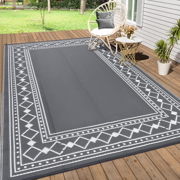 Haperlare 8x10 Outdoor Rug Geometric Bordered Waterproof Camping Carpet, Reversible Plastic Straw Rug for Patio Porch RV Deck Entryance Picnic Balcony Beach, Gray