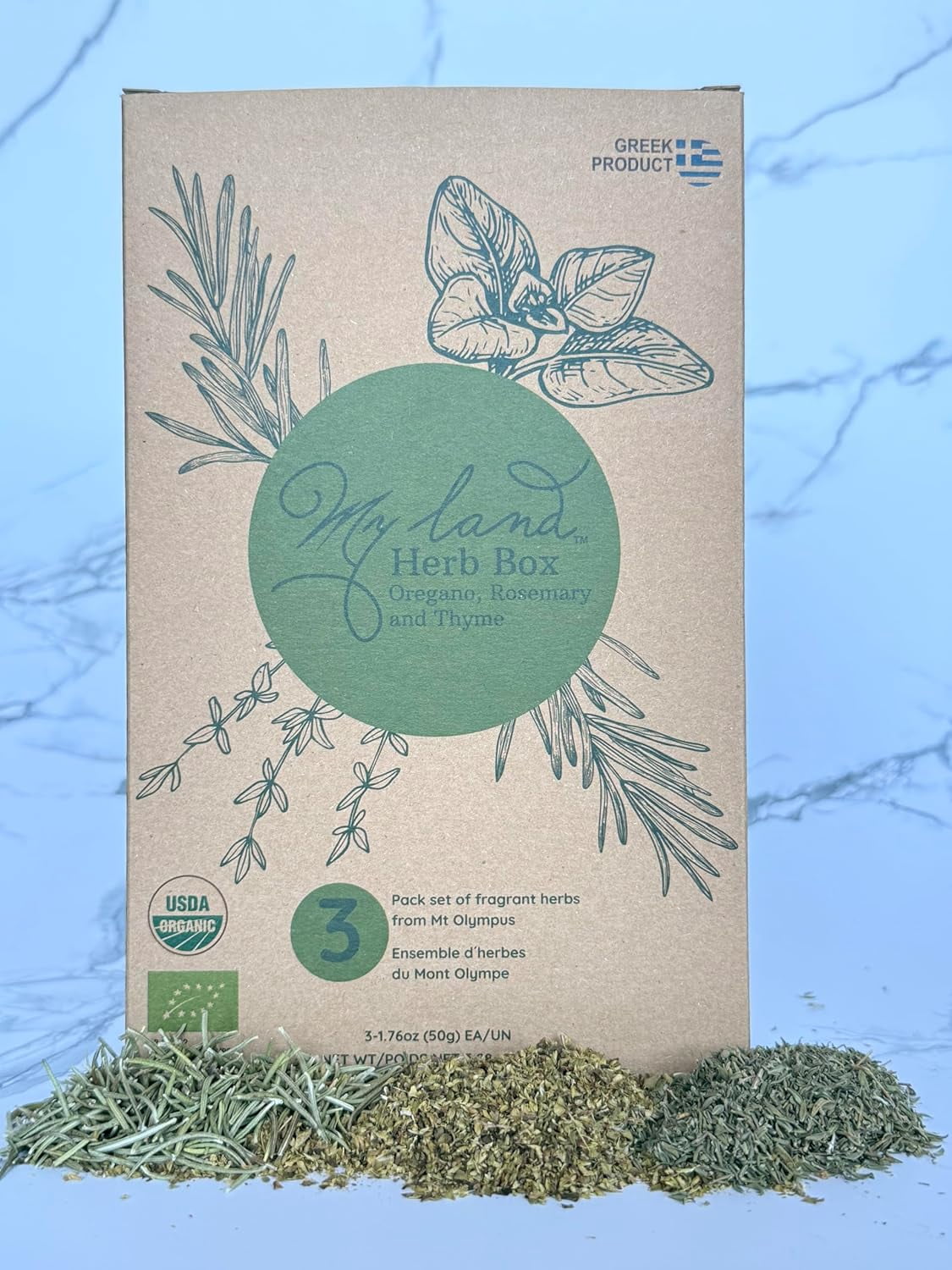 My Land Greek Organic Dried Herbs Set, Oregano, Rosemary, and Thyme from Mt Olympus, Hand-Picked, 3-Pack, 3-1.76 oz