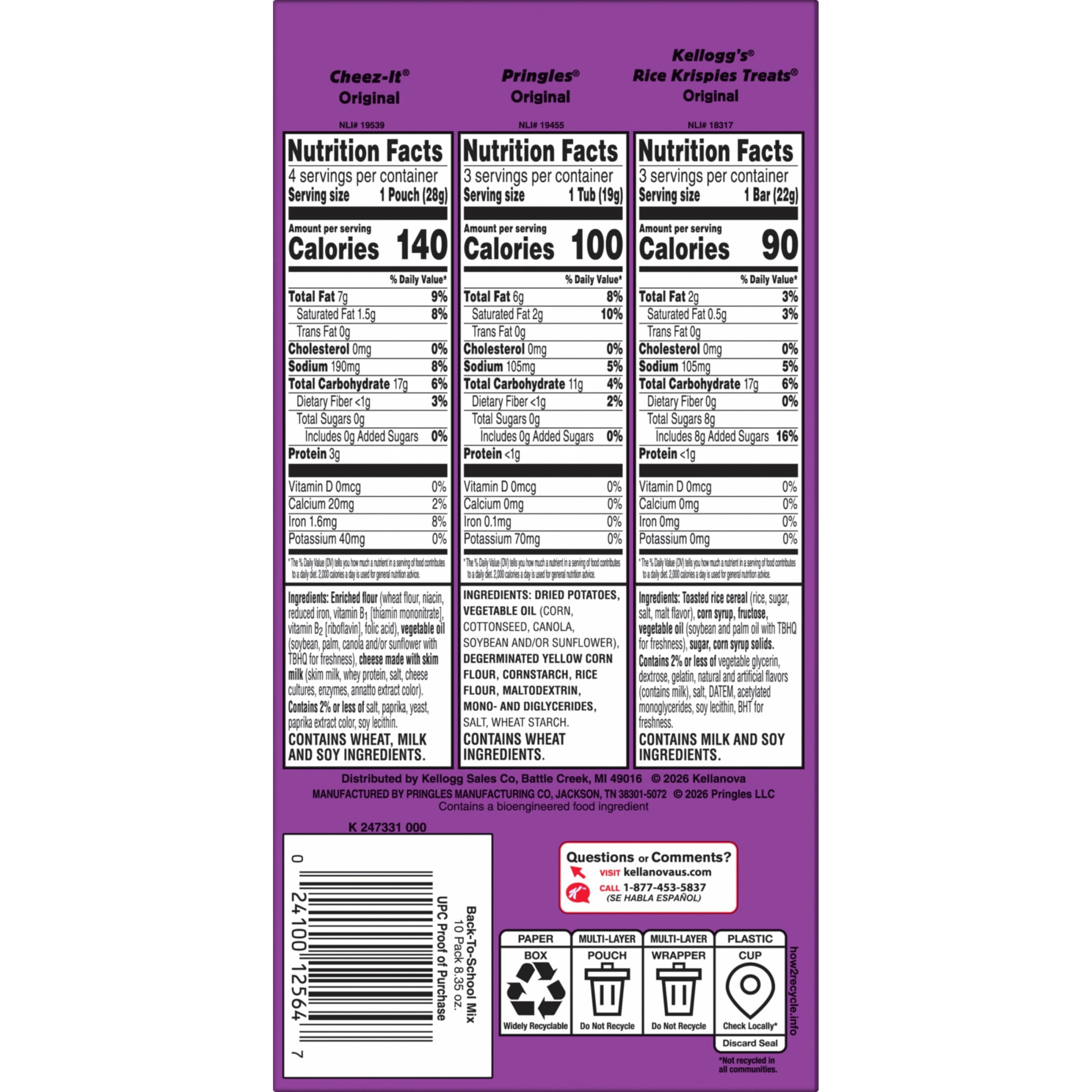 (4 pack) Rice Krispies Treats, Cheez-It, Pringles Sweet and Salty Variety Pack Snacks, Snack Packs, 10 Count