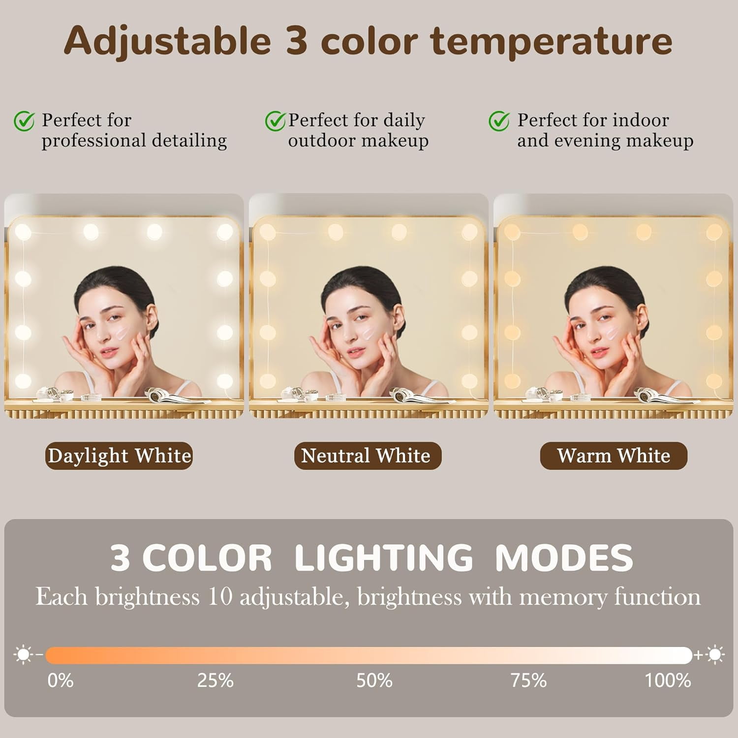 53" Makeup Vanity Set with Mirror and Lights, NEORIVER Big Brown Makeup Vanity Desk with Chair and Power Outlet, 3 Color Lighting Modes & Adjustable Brightness for Bedroom