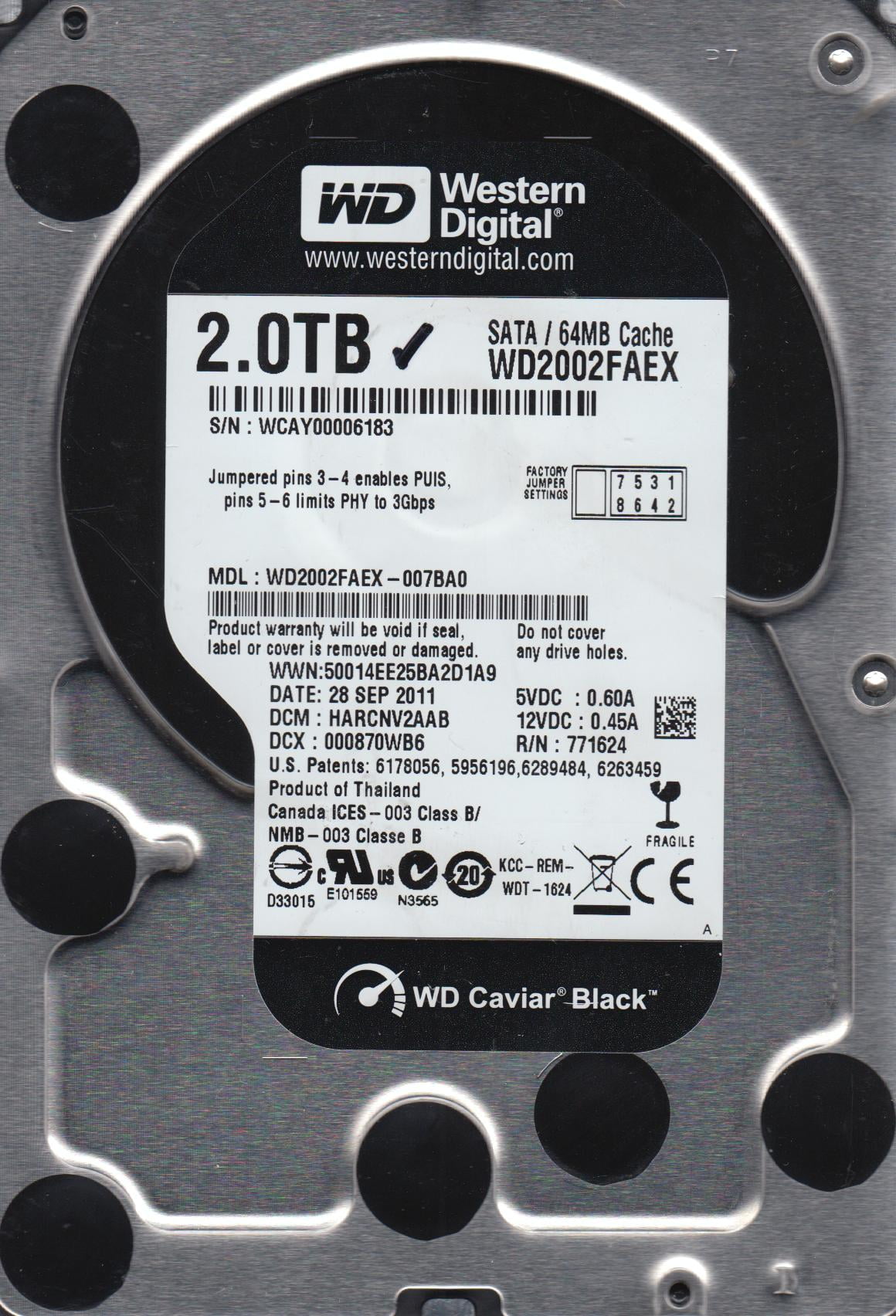 WD2002FAEX-007BA0, DCM HARCNV2AAB, Western Digital 2TB SATA