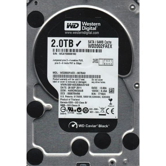 WD2002FAEX-007BA0, DCM HARCNV2AAB, Western Digital 2TB SATA 3.5 Hard Drive