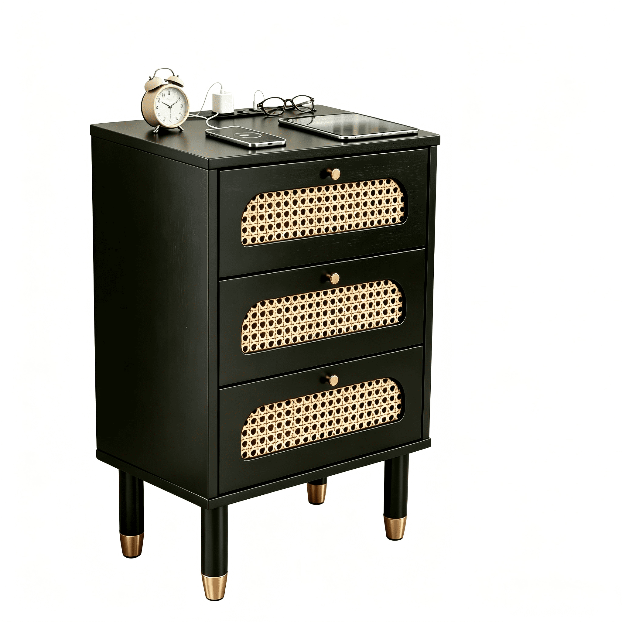 3-Drawer Rattan Nightstand with Charging Station, Black Bedside Table with AC Outlet & USB Ports, Solid Wood Legs, Compact Storage Cabinet for Bedroom Living Room