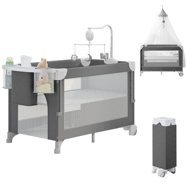 4 en 1 Cuna para Bebé con Mosquitero, Corral Cuna de 2 Niveles Ajustable, con Mesa para Cambiar Pañales, Fácil de Plegar para Viajar Cama de Bebé
