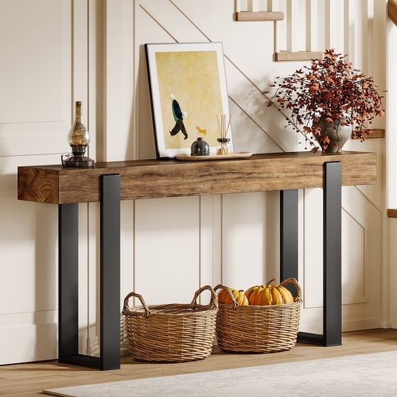 Finmind 63-inch Long Console Table, Solid Wood Sofa Console Behind the Couch with Metal Support, Farmhouse Entryway Table for Entrance, Brown & Black