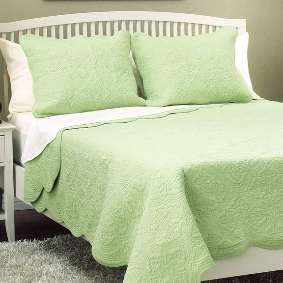 Cozy Line Victorian Medallion Solid Green Matelasse Embossed 100% Cotton Bedding Quilt Set (Blantyre - Green, King - 3 Piece)