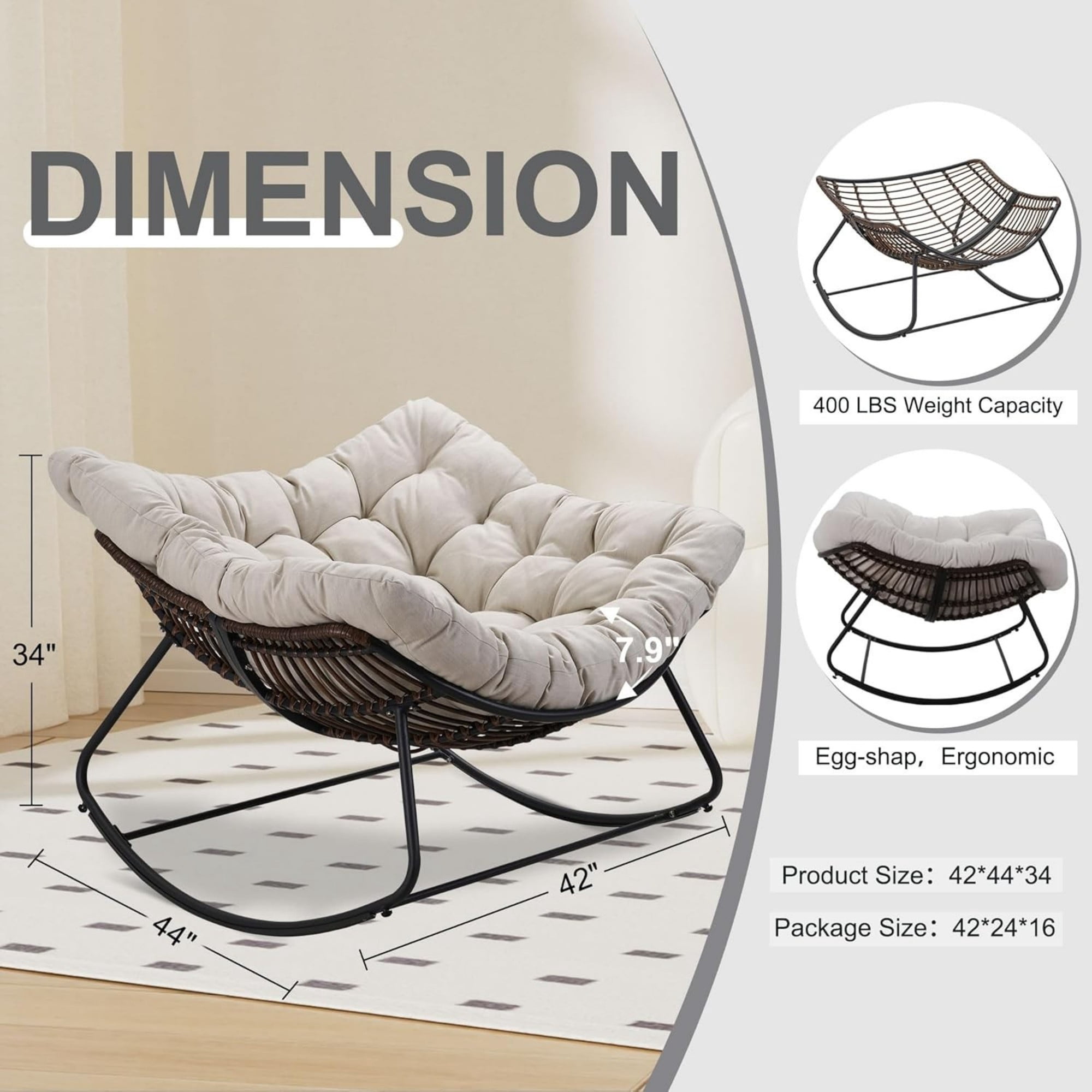 Outdoor Papasan Rocking Chair Oversized, Rattan Egg Rocker Chair with Padded Cushion, 400lbs Patio Wicker Rocking Chair for Living Room Porch Backyard, Beige