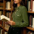 thumbnail image 6 of Tqcoqu Women's Long Sleeve Cotton Linen Button Down Blouse with Pocket Front Y2K Collared Shirt Tops,Army Green Women's S-XXL, 6 of 8