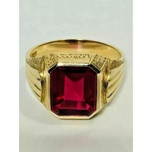 2Ct Emerald Cut Lab-Created Red Garnet Men's Wedding Ring 14K Yellow Gold Plated
