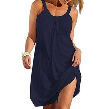 Dresses for women Summer Sleevless Tank Dress Plain Pleated Vest T Shirt Dress Casual Loose Mini Dress Sundress Beach Bikini Swimsuit Cover Up Dark Blue S