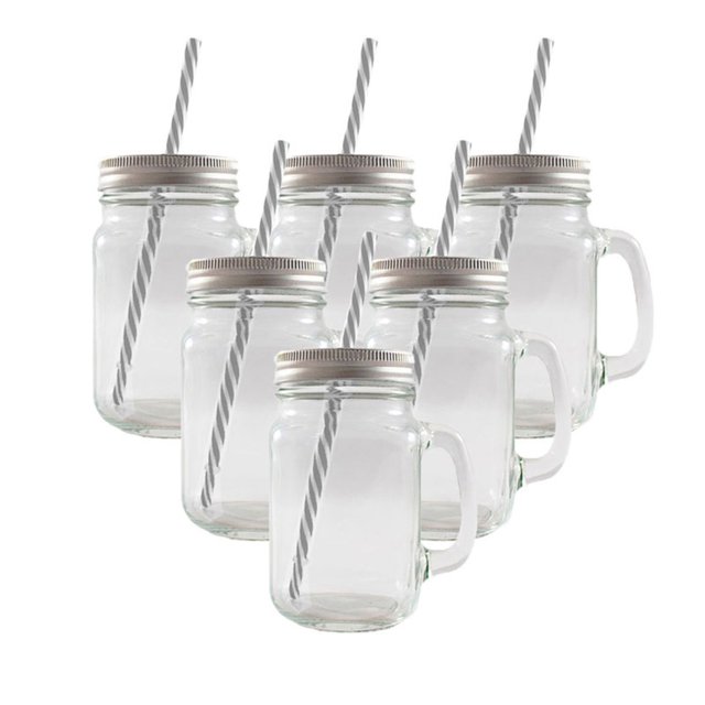Paquete de 6 Frascos Tarros Mason De Vidrio Con Asa Elegir Tapa Drink Lab Ice Cold Liso Transparente 473ml