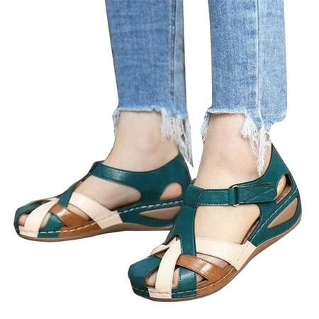 

PU Leather Retro Arch Support Comfy Round Toe Sandals for Women Toe Protection Design Summer Beach Supply