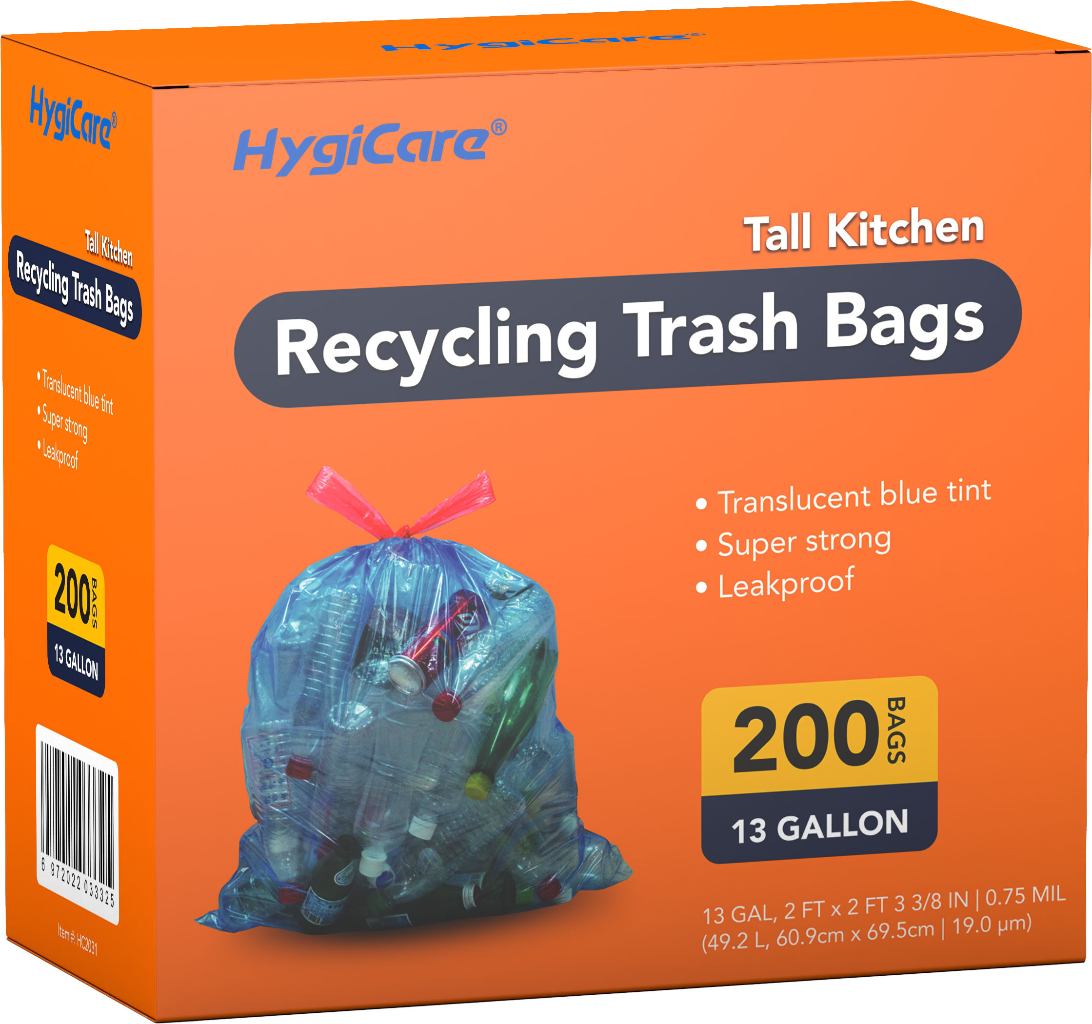 HygiCare Recycling Trash Bags, 13 Gallon, 200 Count