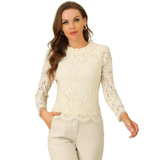 Blusa de encaje con cuello de volantes Allegra K Albaricoque XL