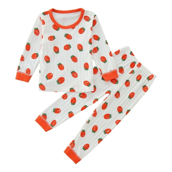 Baby Outfits Winter Long Sleeve Cartoon Bear Strawberry Prints Tops Pants Toddler Girl Clothes Orange
