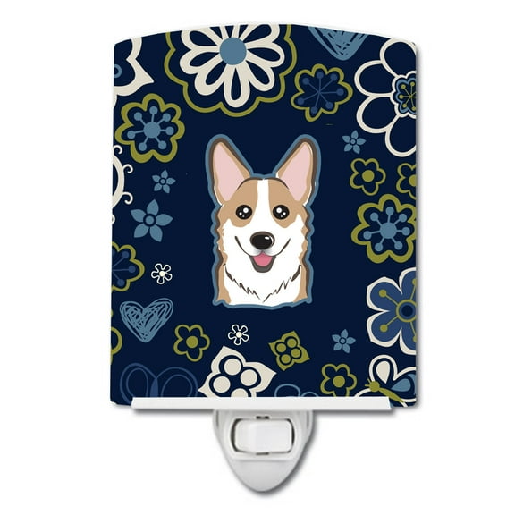 Caroline's Treasures BB5104CNL Blue Flowers Sable Corgi Ceramic Night Light, 6x4x3", multicolor
