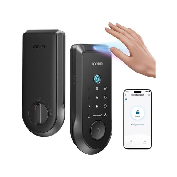 Lockin Veno Smart Lock - Palm Vein & Fingerprint Keyless Entry Door Lock - 6 Unlock Methods - Built-in WiFi - Smart Home Compatible - No Monthly Subscription - 7-Month Battery Life