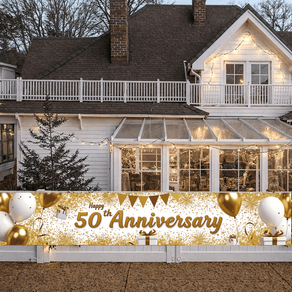 Golden Theme 50th Anniversary Party Decoration Banner Celebration Backdrop for Milestone Event Indoor Party Venue Decoration