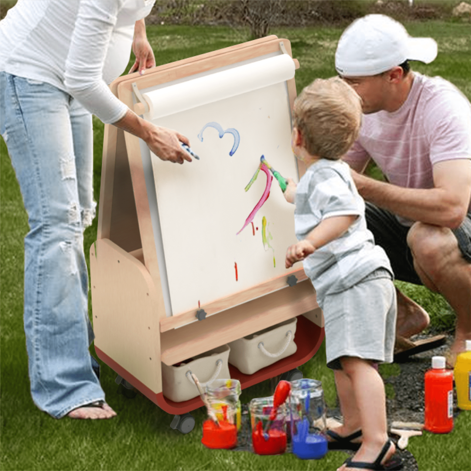 3-in-1 Art Easel for Kids Double-Sided Board Easel with Wheels and Storage Bags Adjustable Height Easel for Toddlers Magnetic Chalkboard & Whiteboard,Red