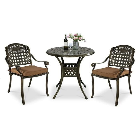 VIVIJASON 3 pcs Aluminum Outdoor Bistro Set with Round Table and Umbrella Hole, Antique Bronze/Khaki