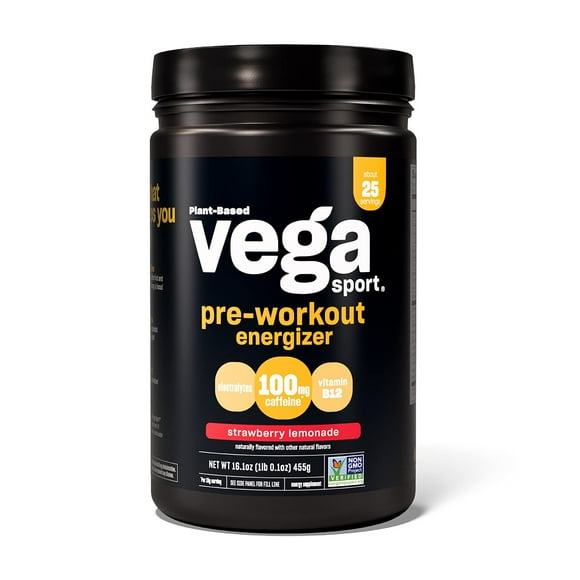 Vega Sport Pre-Workout Energizer, Strawberry Lemonade - Pre Workout Powder for Women & Men, Supports Energy and Focus, Electrolytes, Vegan, Keto, Gluten Free, Non GMO, 1.1 lbs